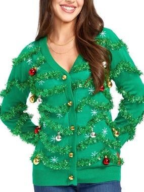 Tipsy Elves Green Tinsel Ornament Cardigan